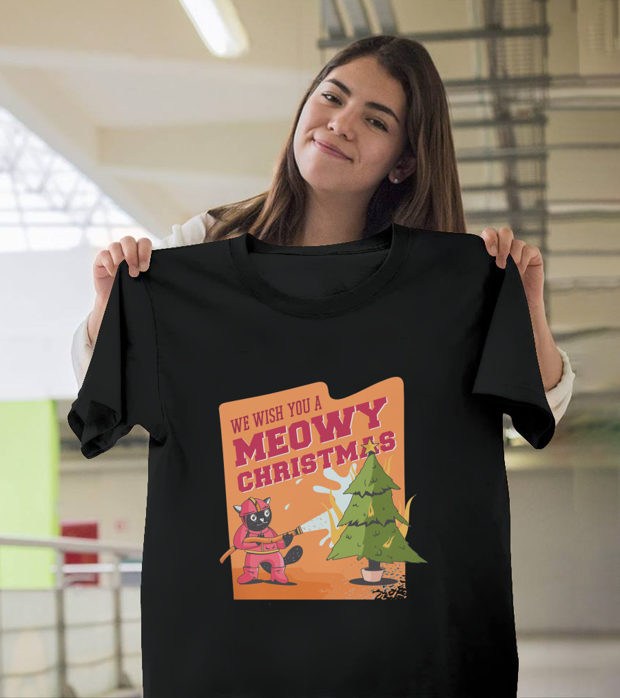 We Wish You a Meowy Christmas Firefighter Cat with Christmas Tree T-Shirt