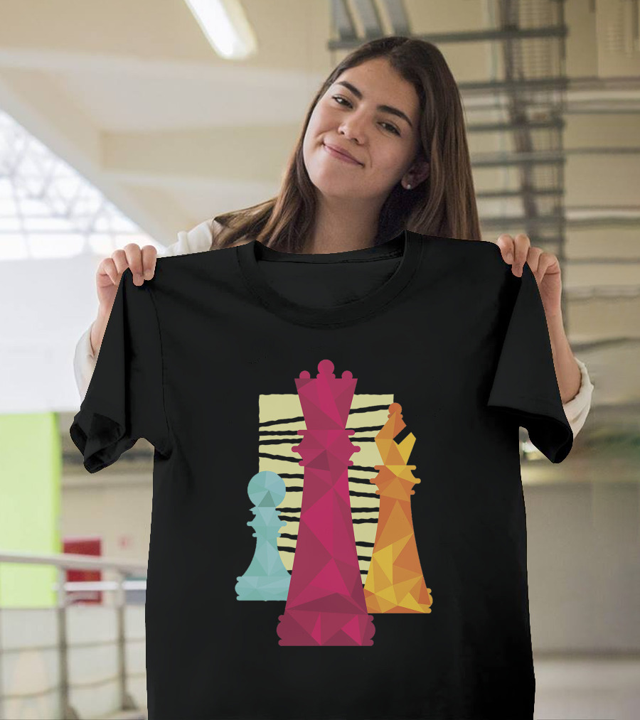 Colorful Geometric Chess Pieces Set on Abstract Background T-Shirt