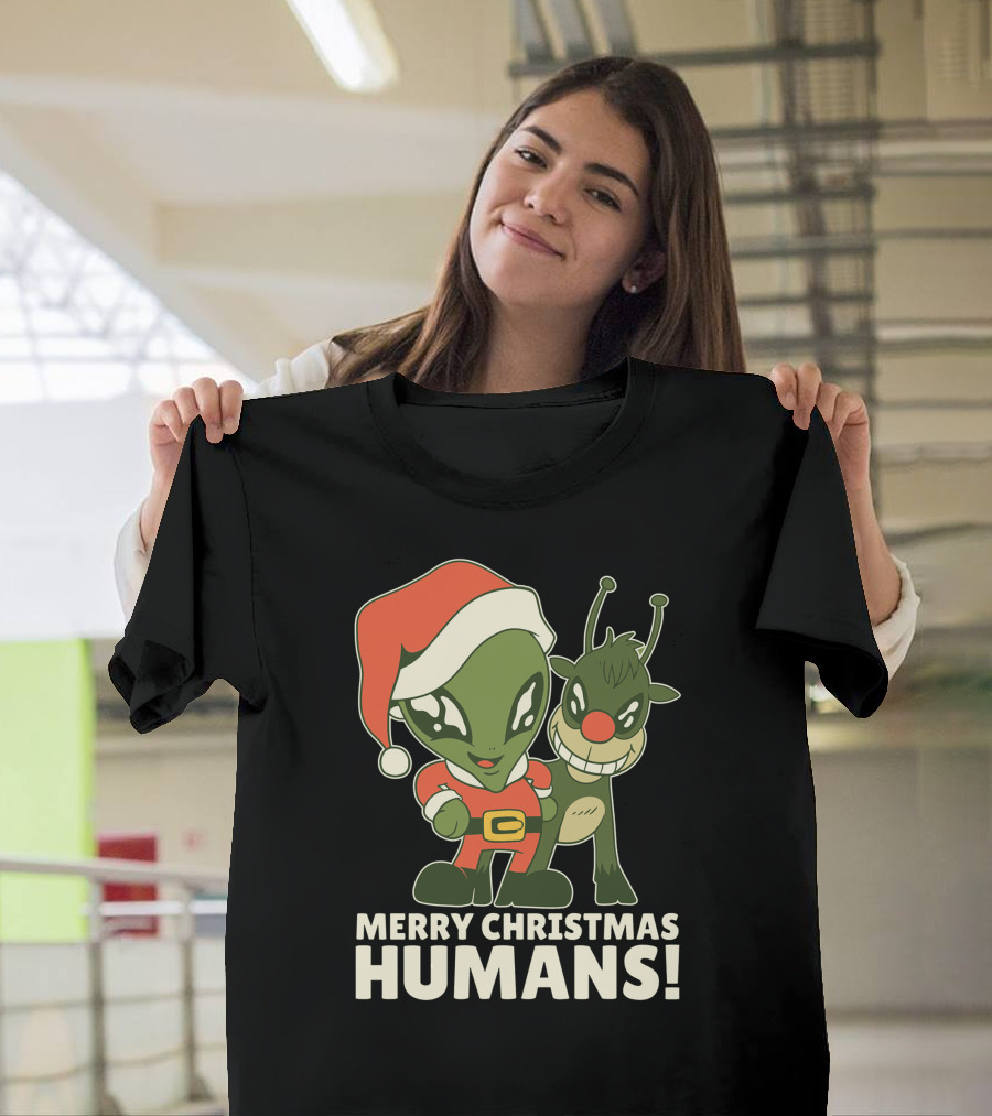 Santa Alien with Rudolph Merry Christmas Humans T-Shirt