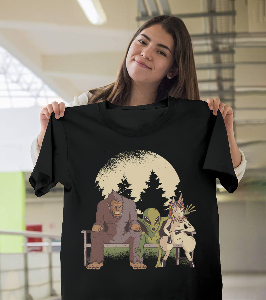 Bigfoot Alien Unicorn in Forest Under Full Moon T-Shirt