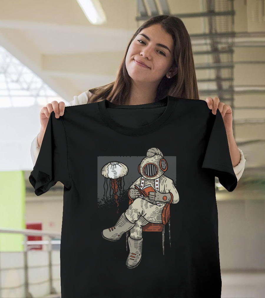 Reading Diver Vintage Deep Sea Diver Suit Octopus Book Chair Jellyfish T-Shirt