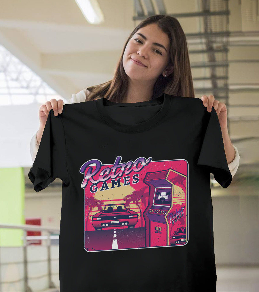 Retro Games Arcade Neon Drive Sunset T-Shirt