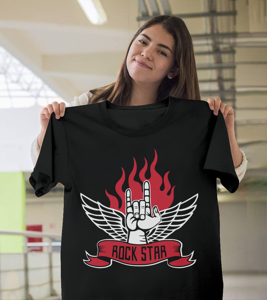 ROCK STAR Hand Wings Flames T-Shirt