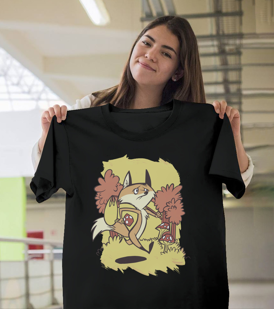 Sad Fox Walking Among Mushrooms and Trees T-Shirt