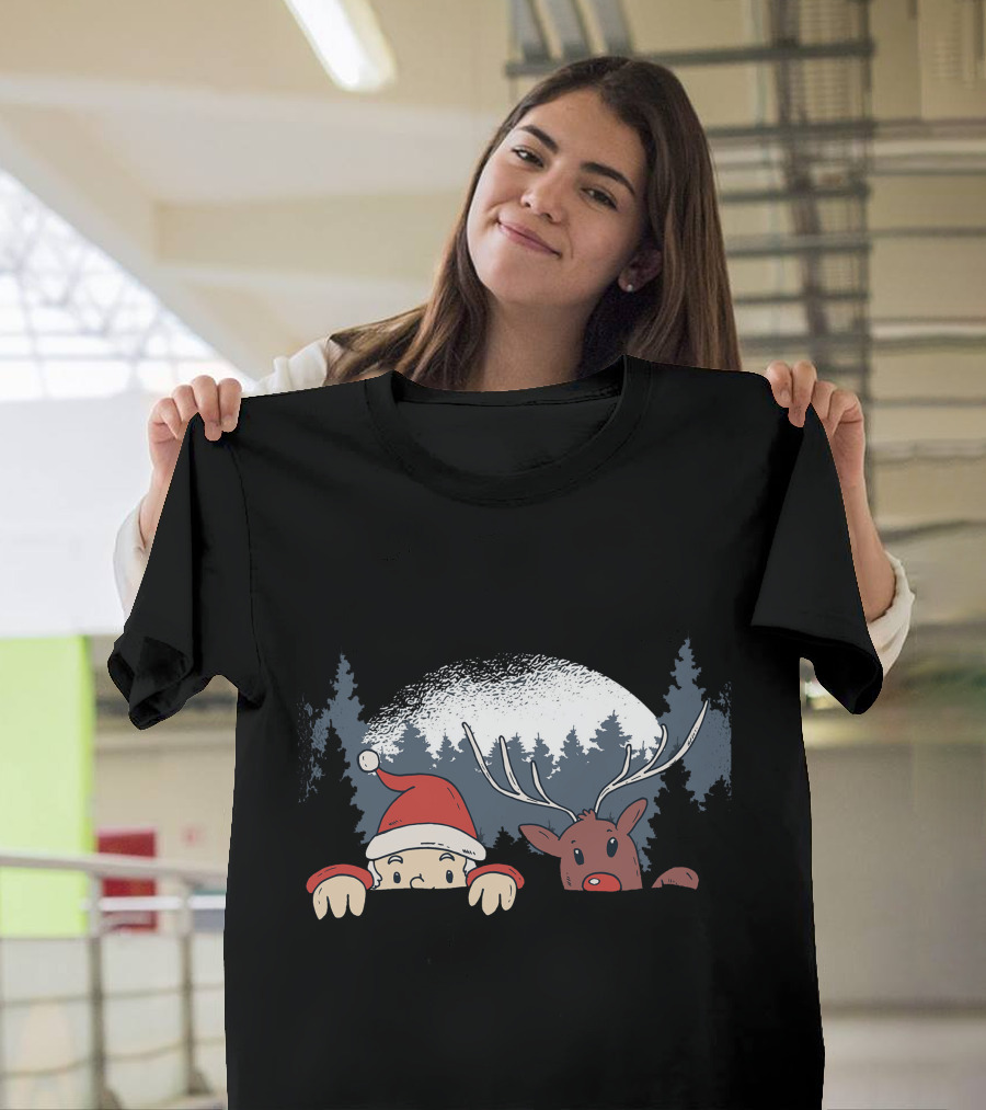 Santa Peeking with Reindeer in Forest T-Shirt