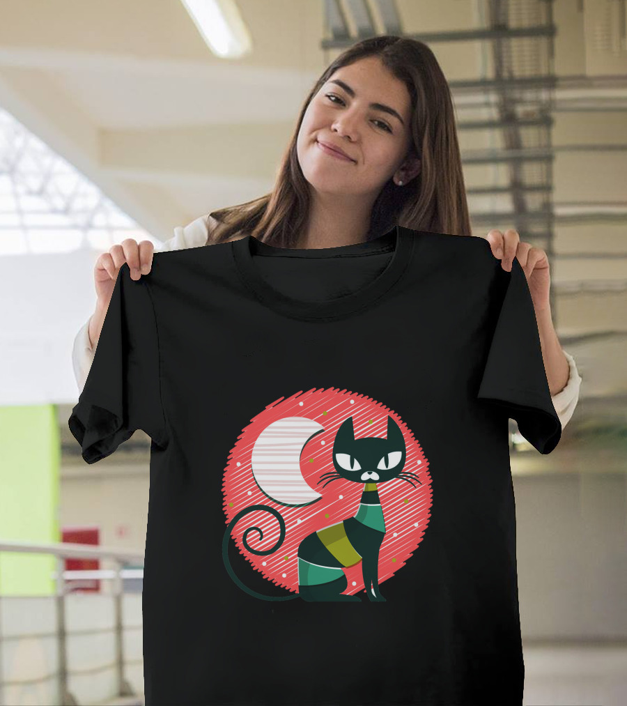 Cat And A Moon with Red Circle and Unique Stripes T-Shirt