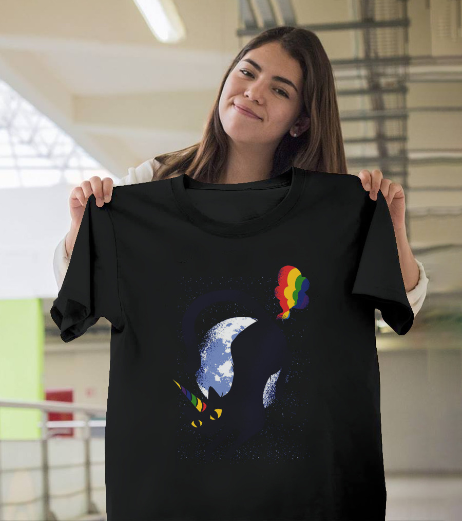 Caticorn Cat Unicorn Black Cat with Rainbow Horn and Balloons with Full Moon Background T-Shirt