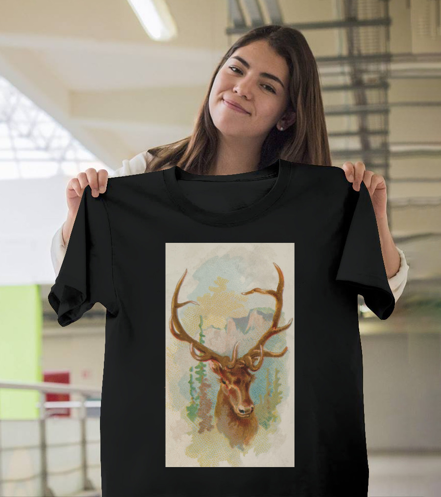 Deer Picture Nature Scene with Antlers and Mountain Background T-Shirt