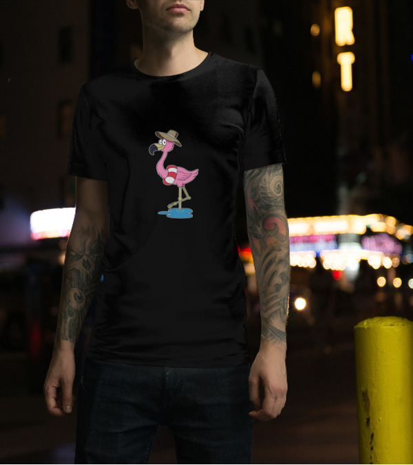 Happy Cute Pink Flamingo Wearing Hat With Beach Inflatable Ring T-Shirt
