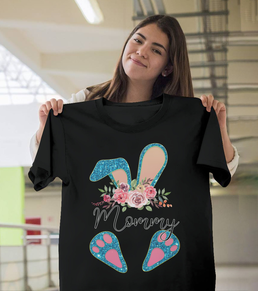 Mommy Floral Bunny Ears With Sparkle Paws T-Shirt