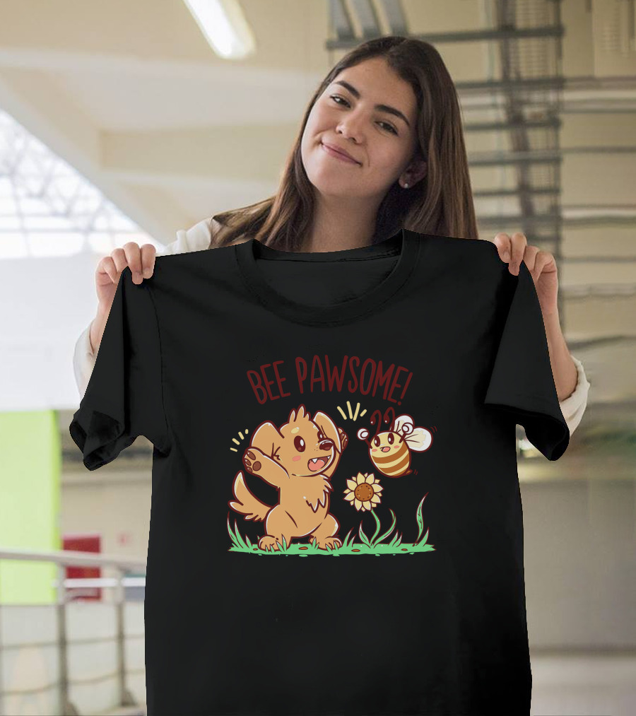 BEE PAWSOME Playful Dog and Happy Bee in Grass with Sunflower T-Shirt
