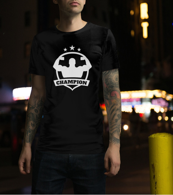 Champion Bodybuilder Flexing Silhouette With Stars T-Shirt
