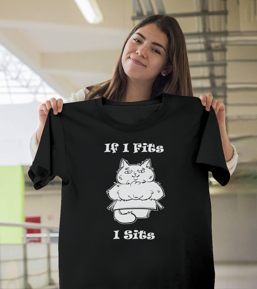 If I Fits I Sits Cat Box Cute Fluffy Feline in Small Carton T-Shirt