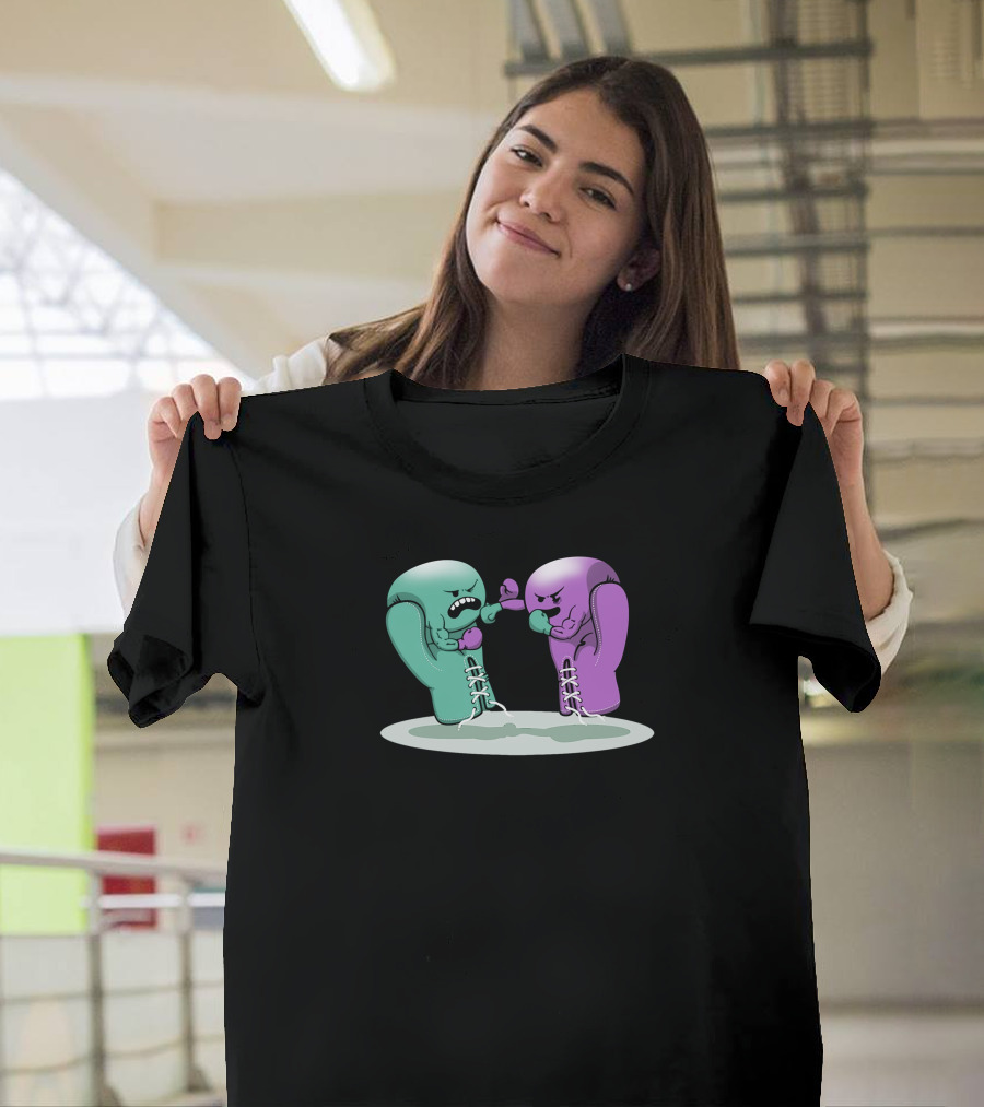 Boxing Gloves Showdown: Animated Green and Purple Fighters in Ring T-Shirt