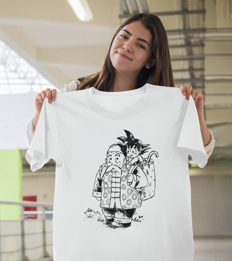 Dragon Ball Kid Goku with Grandpa Gohan Black and White Sketch T-Shirt
