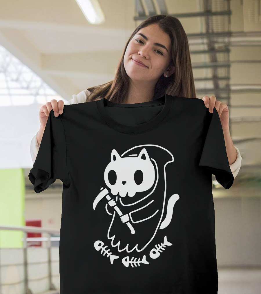 Reaper Cat Skeleton Fish Bones Grim Kitty T-Shirt