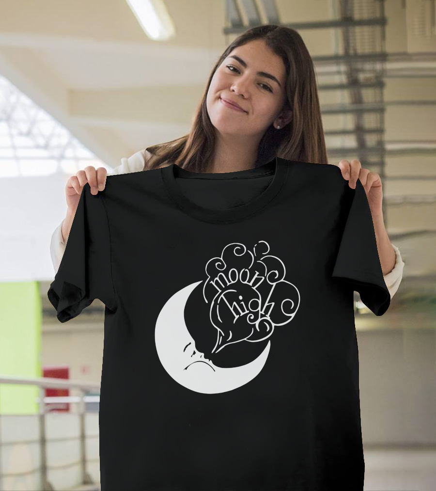 Moon High Crescent Face Expression with Swirling Text T-Shirt