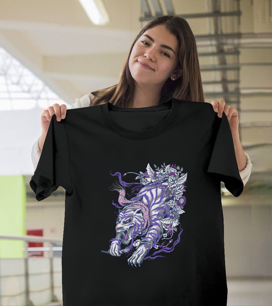 Ajian Macan Putih Tiger with Floral and Vine Elements T-Shirt