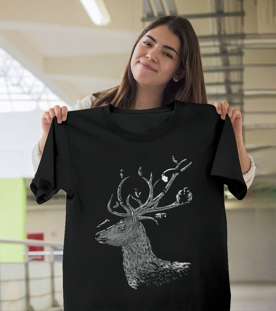 Hipster Deer with Birds in Antlers T-Shirt