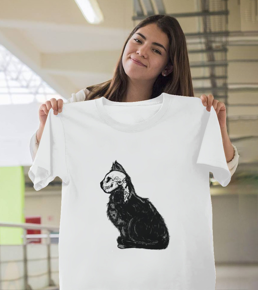 Kittycat Skeleton Illustration Cat Skull T-Shirt