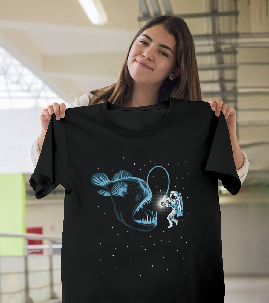 Netherfish Hunting Astronaut Space Encounter with Anglerfish-Like Creature T-Shirt