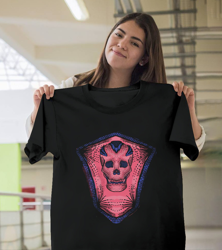 Pinky Skull Shield with Intricate Blue Accents T-Shirt