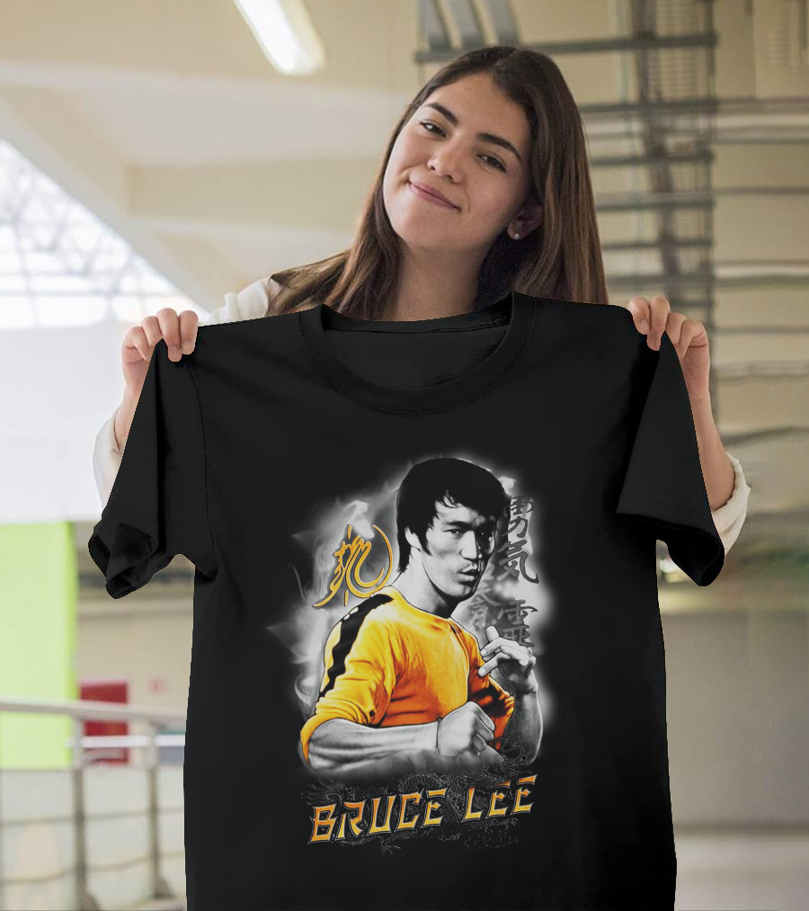 Bruce Lee Yellow Jumpsuit Iconic Pose with Chinese Symbols T-Shirt