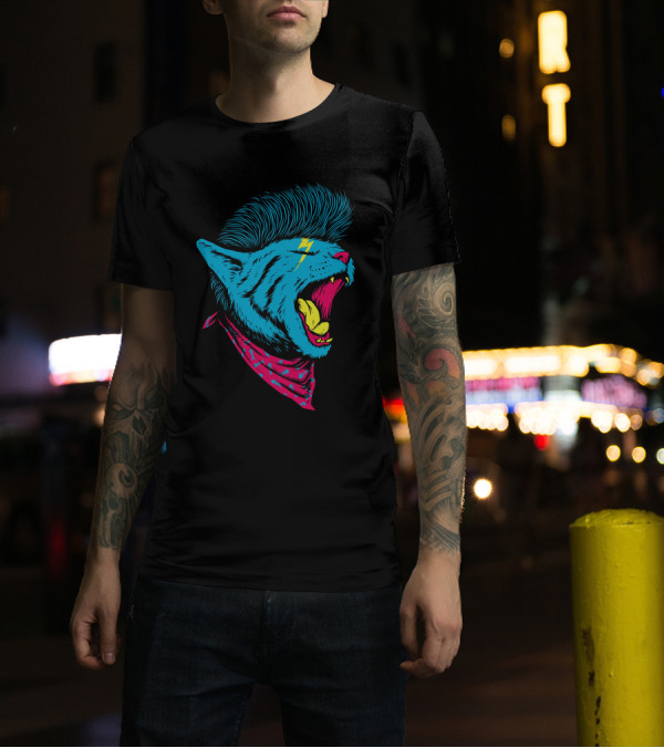 Unique Punk Cat Mohawk Lightning Bandana T-Shirt