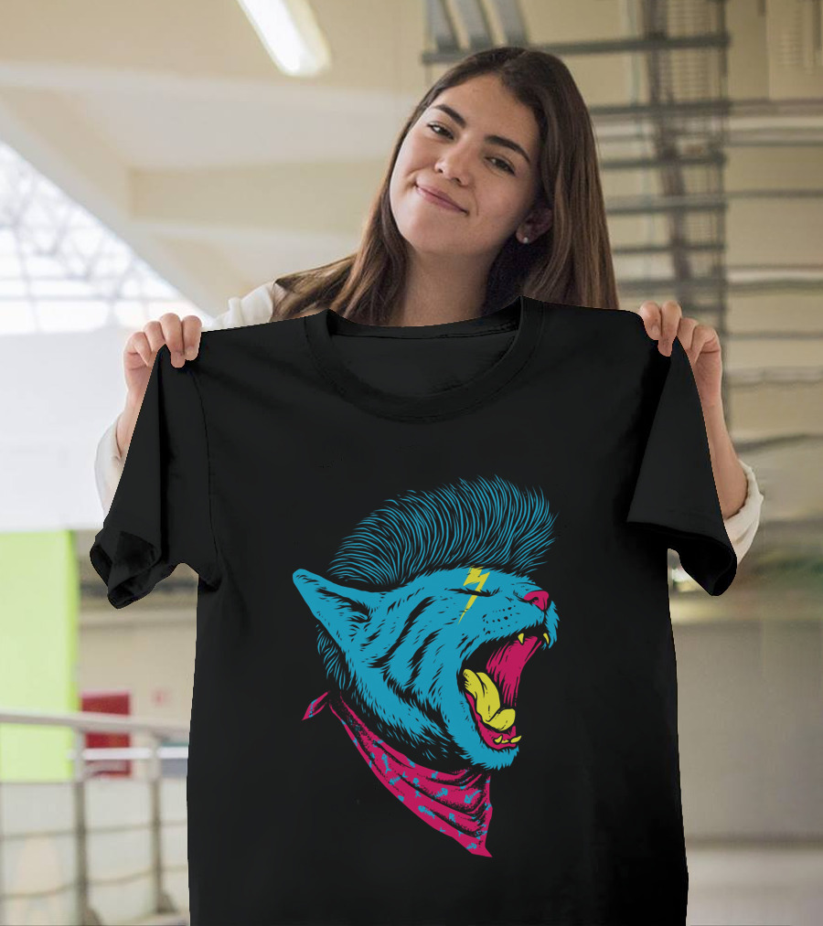 Unique Punk Cat Mohawk Lightning Bandana T-Shirt
