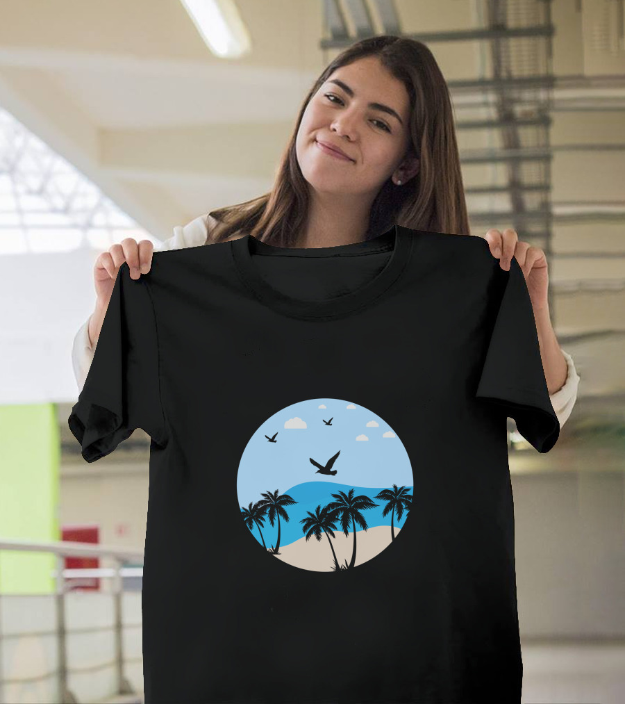 Born To Be Fresh Beach Palm Trees and Birds Sky Scene T-Shirt