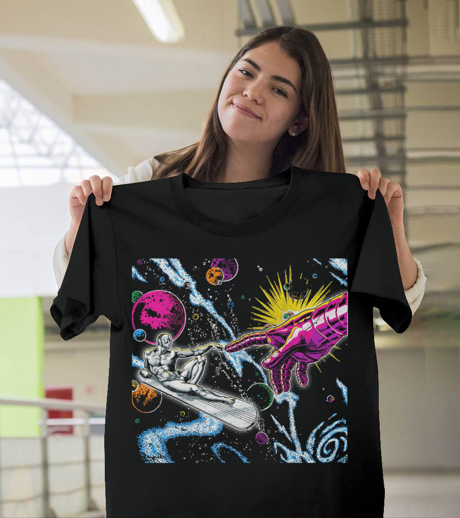 Silver Surfer and Galactic Hand Among Colorful Planets and Cosmic Swirls T-Shirt