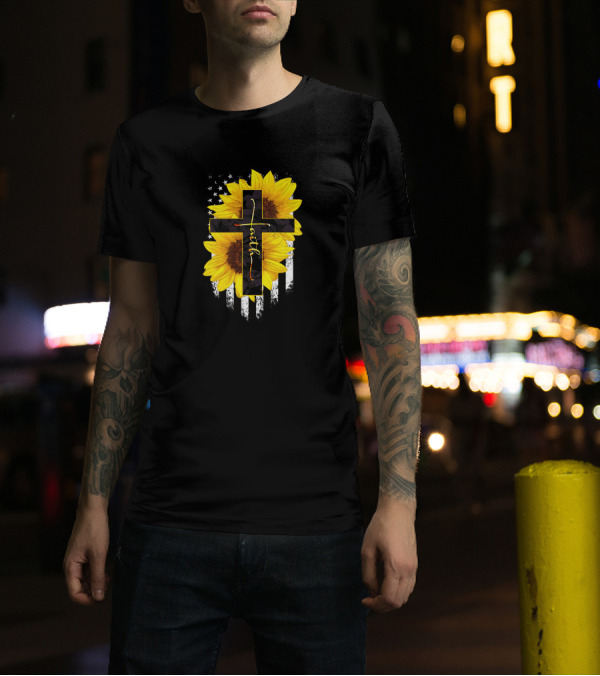 Faith Cross Sunflower American Flag T-Shirt