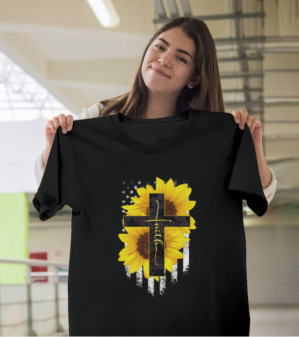 Faith Cross Sunflower American Flag T-Shirt