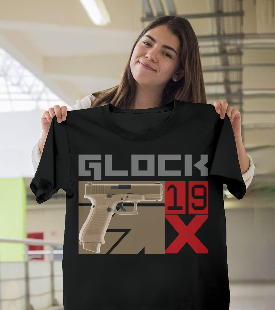 Glock 19X Tan Pistol Graphic with Bold Red and Gray Text T-Shirt