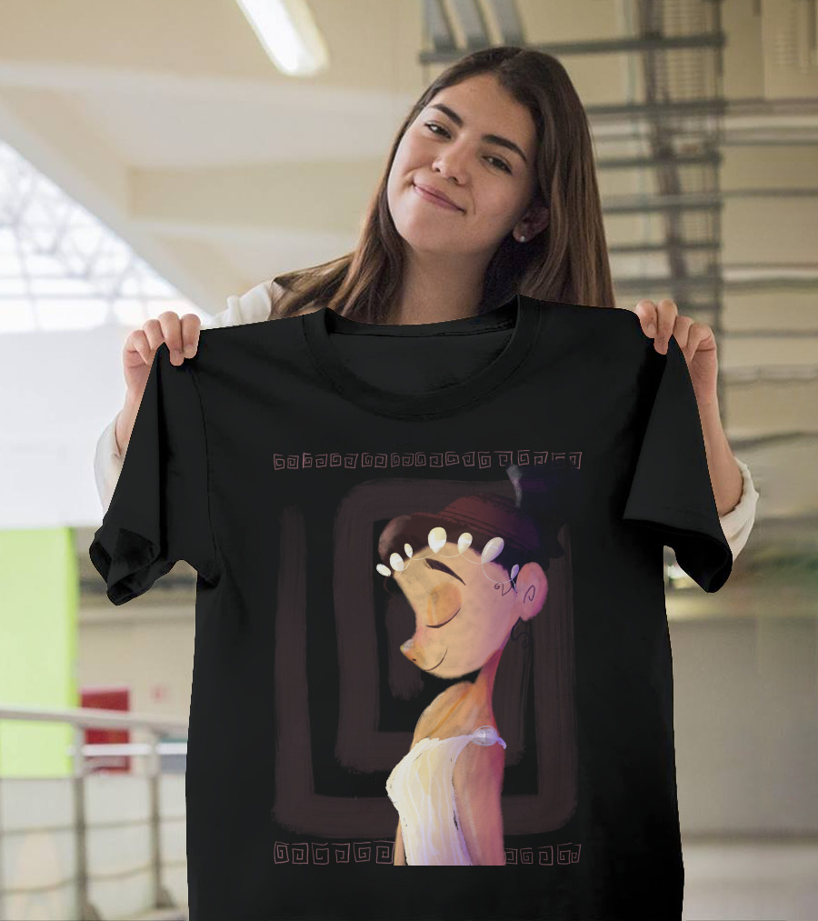 Greek Goddess Cartoon Portrait with Pearl Headband and Greek Key Border T-Shirt