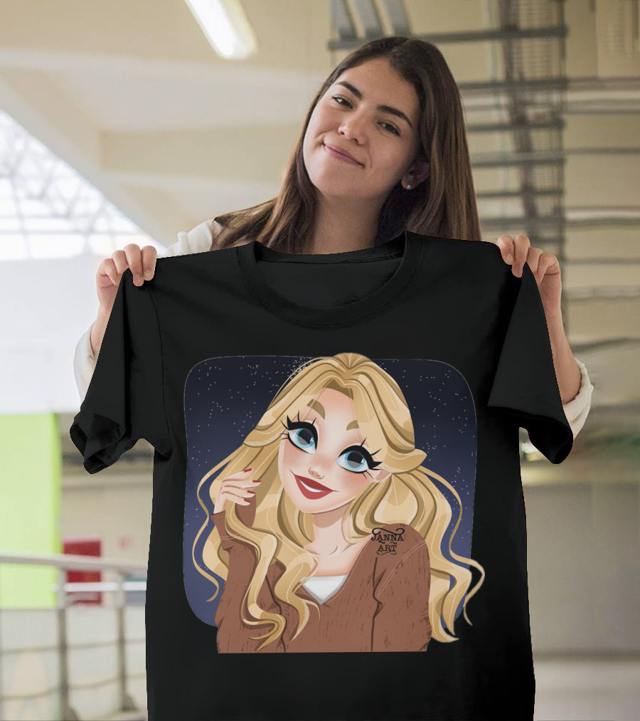 Blonde Cartoon Woman with Big Blue Eyes and Brown Jacket by Janna T-Shirt