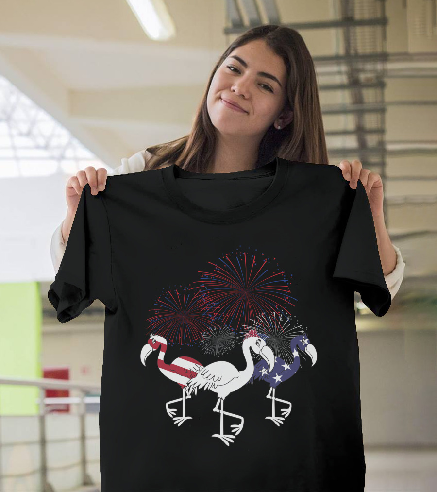 Flamingo American Flag Firework 4th of July Patriotic T-Shirt