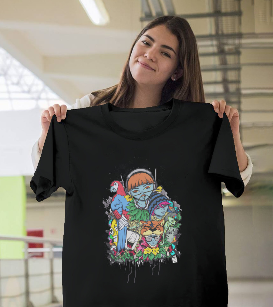 Graffiti Street Art Culture Colorful Design Headphones Parrot Tiger Masks T-Shirt