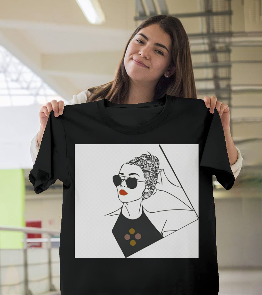 Lady In Black Anjali Fashion Illustration Sunglasses Red Lips T-Shirt