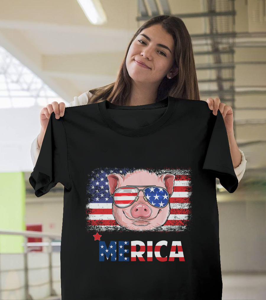 'Merica Pig with American Flag Sunglasses Patriotic 4th of July T-Shirt