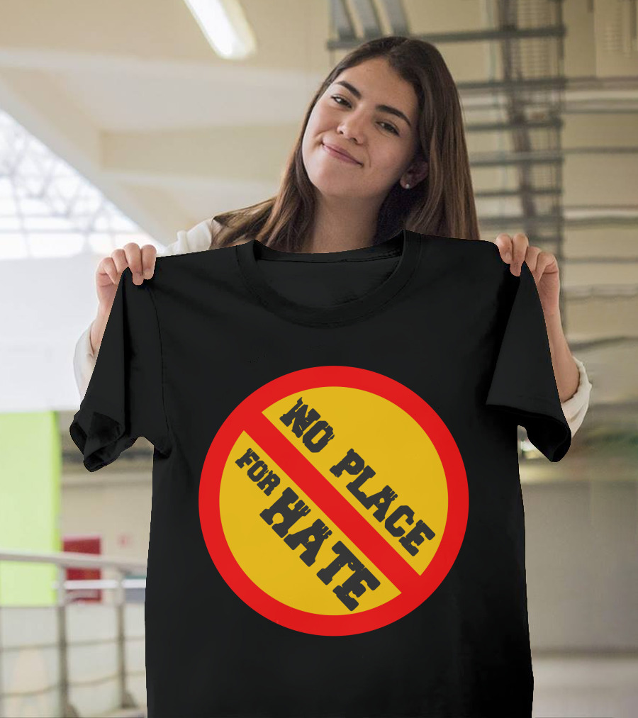 No Place for Hate Circle with Red Line Over Yellow Background T-Shirt