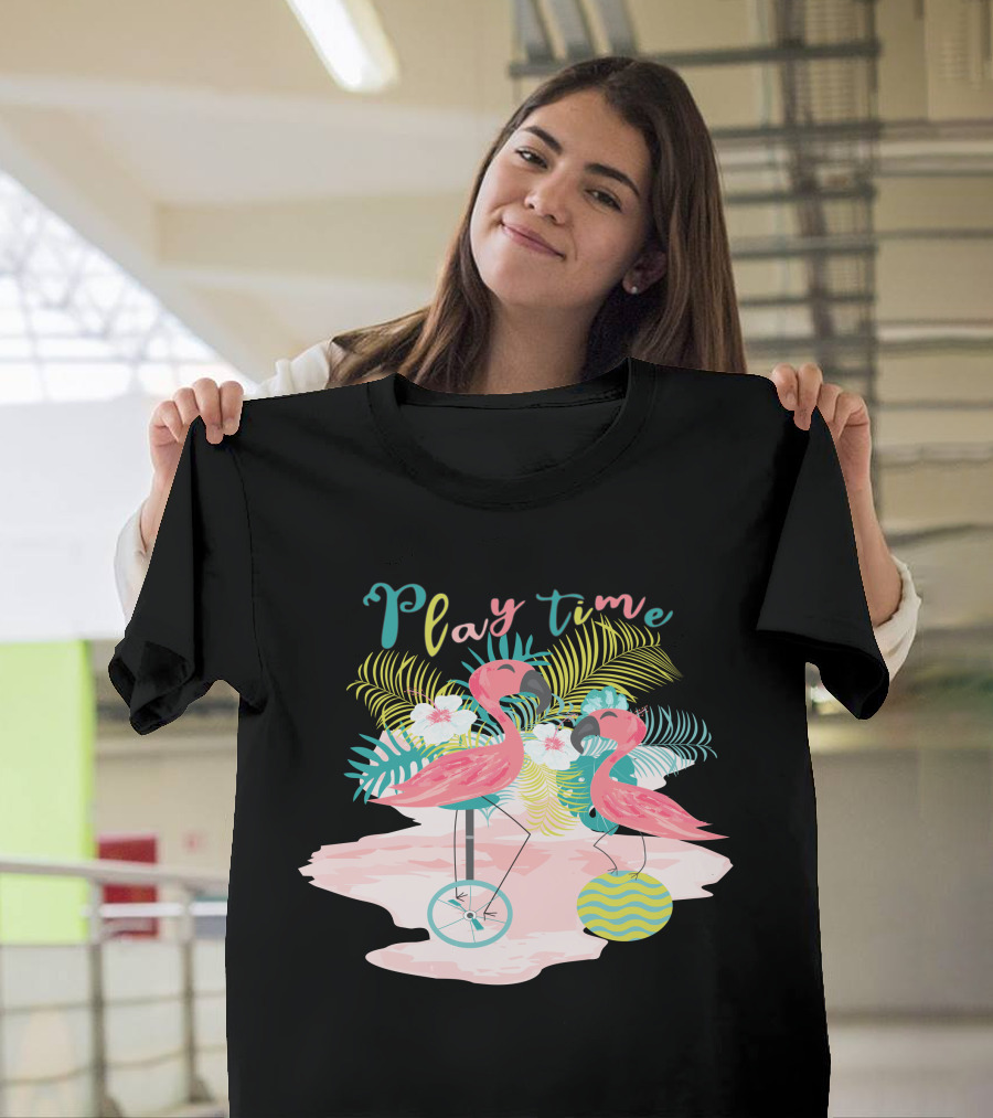 Play Time Flamingos Tropical Fun with Pastel Leaves T-Shirt
