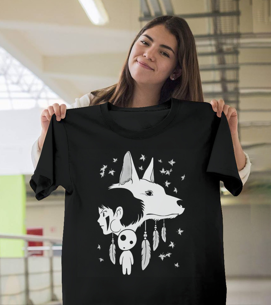 Princess Mononoke Spirited Away Crossover Design Kodama Wolf Feathers T-Shirt