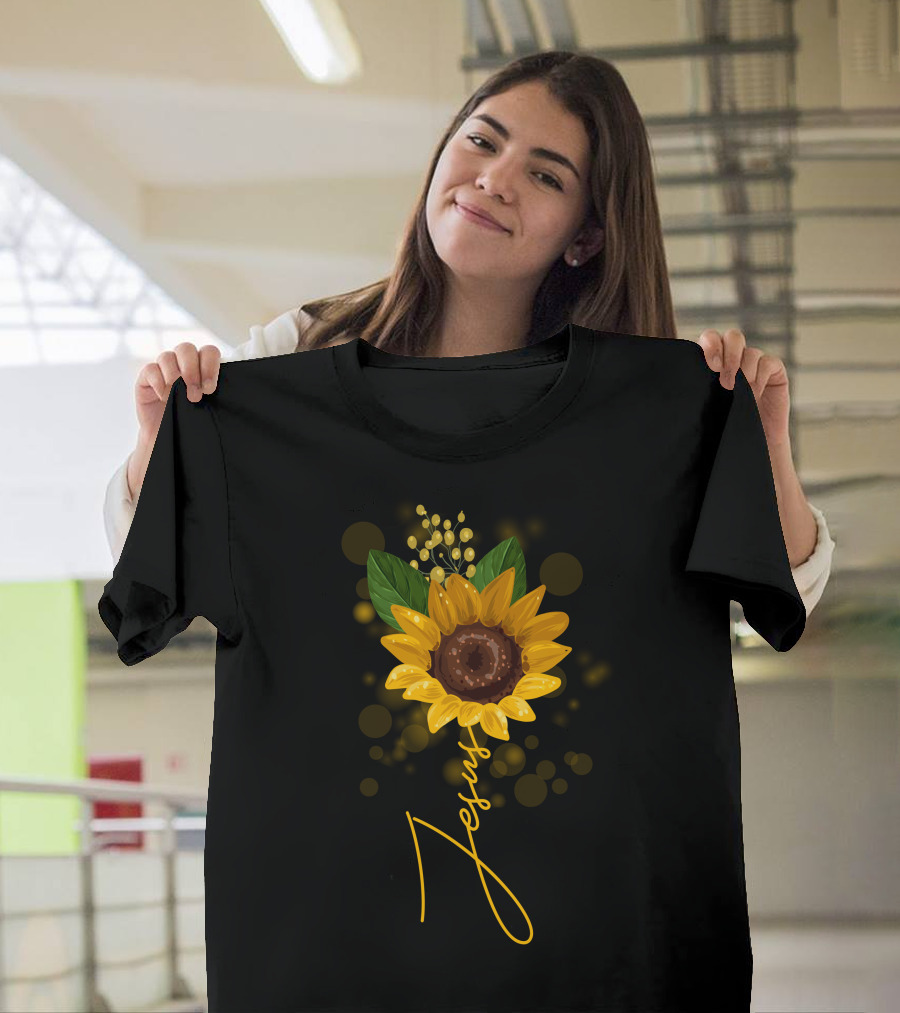 Sunflower Jesus Artistic Typography with Vibrant Floral T-Shirt
