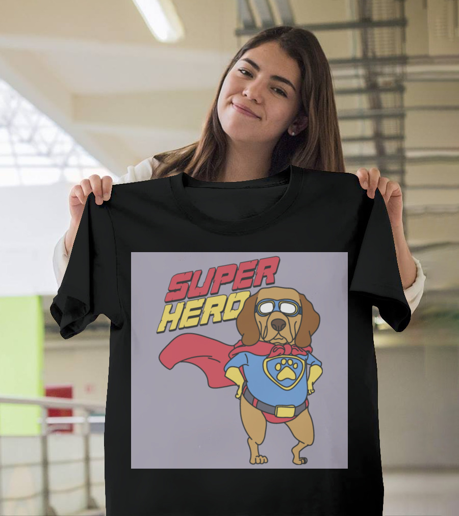Super Hero Dog with Cape and Mask Paw Emblem T-Shirt