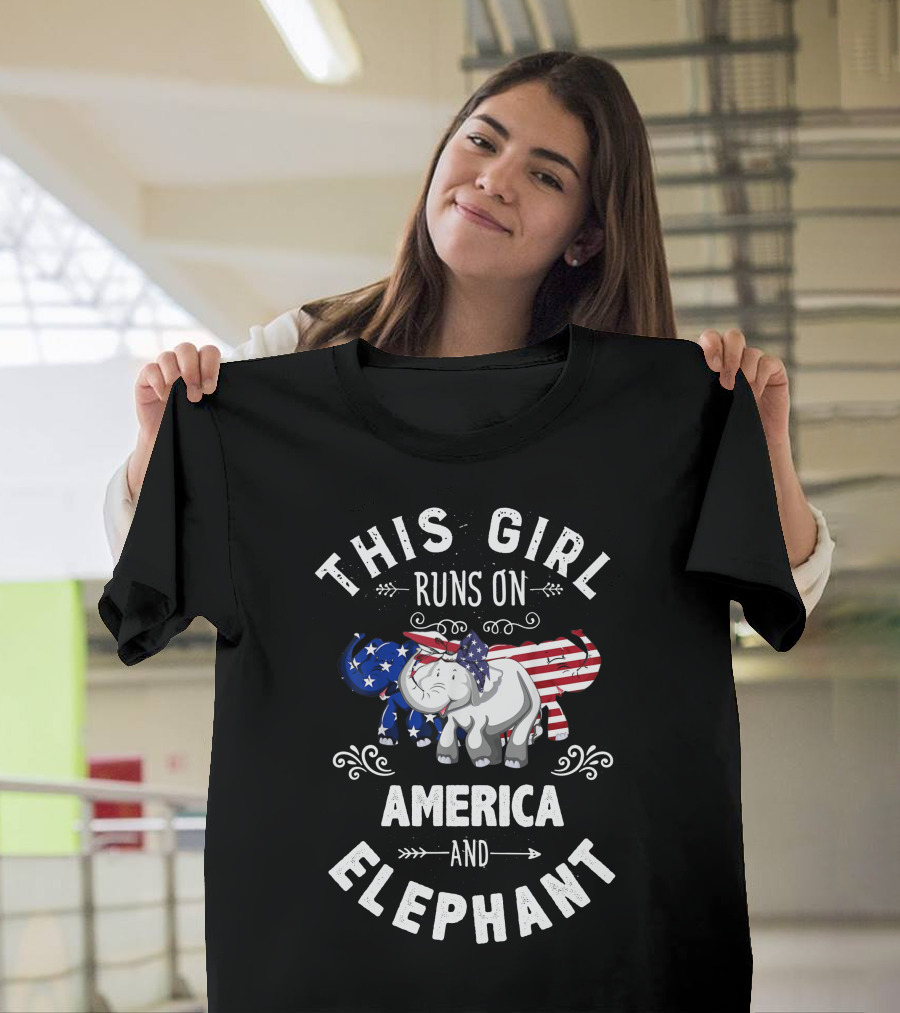 THIS GIRL RUNS ON AMERICA AND ELEPHANT AMERICAN FLAG PATRIOTIC T-Shirt