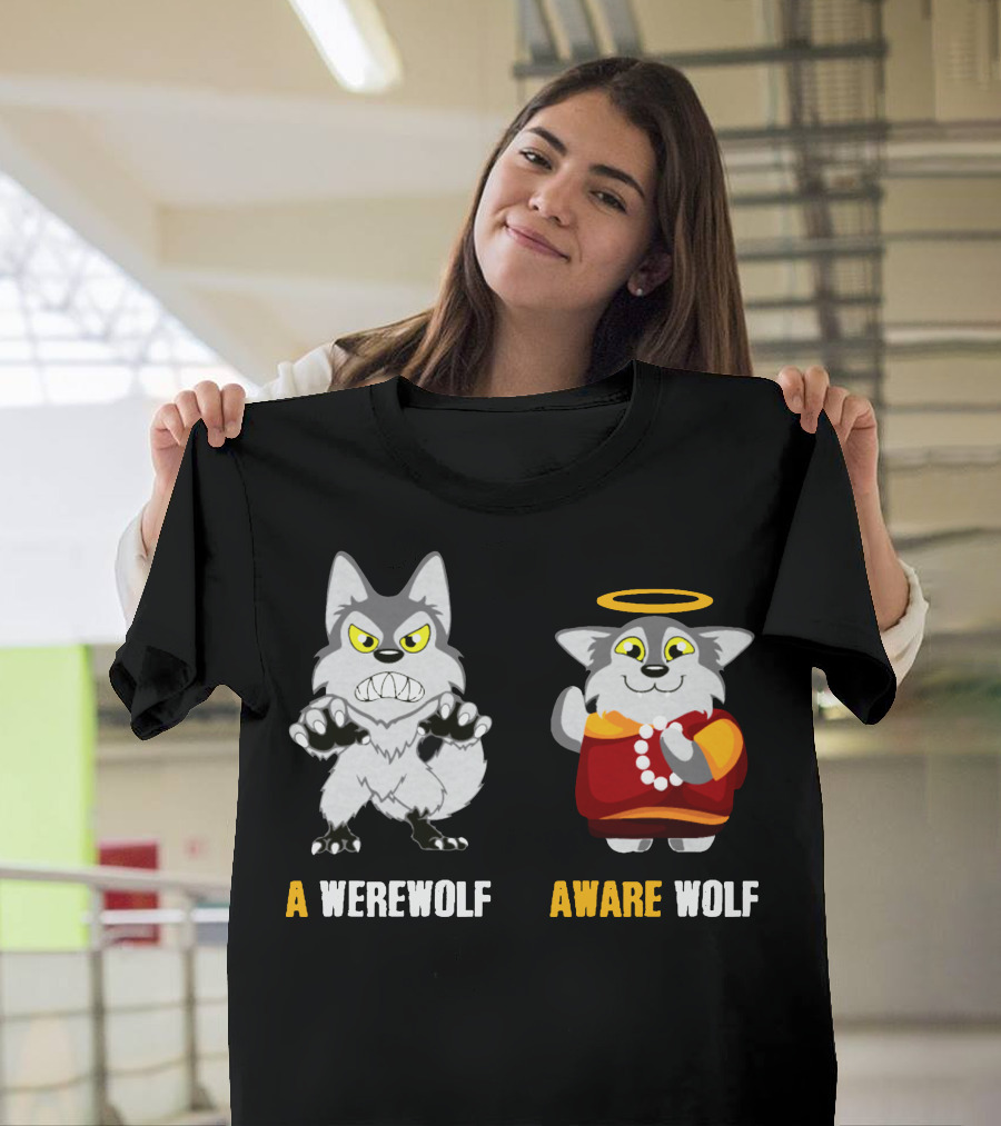 A Werewolf Aware Wolf Cartoon with Halo and Pearls T-Shirt