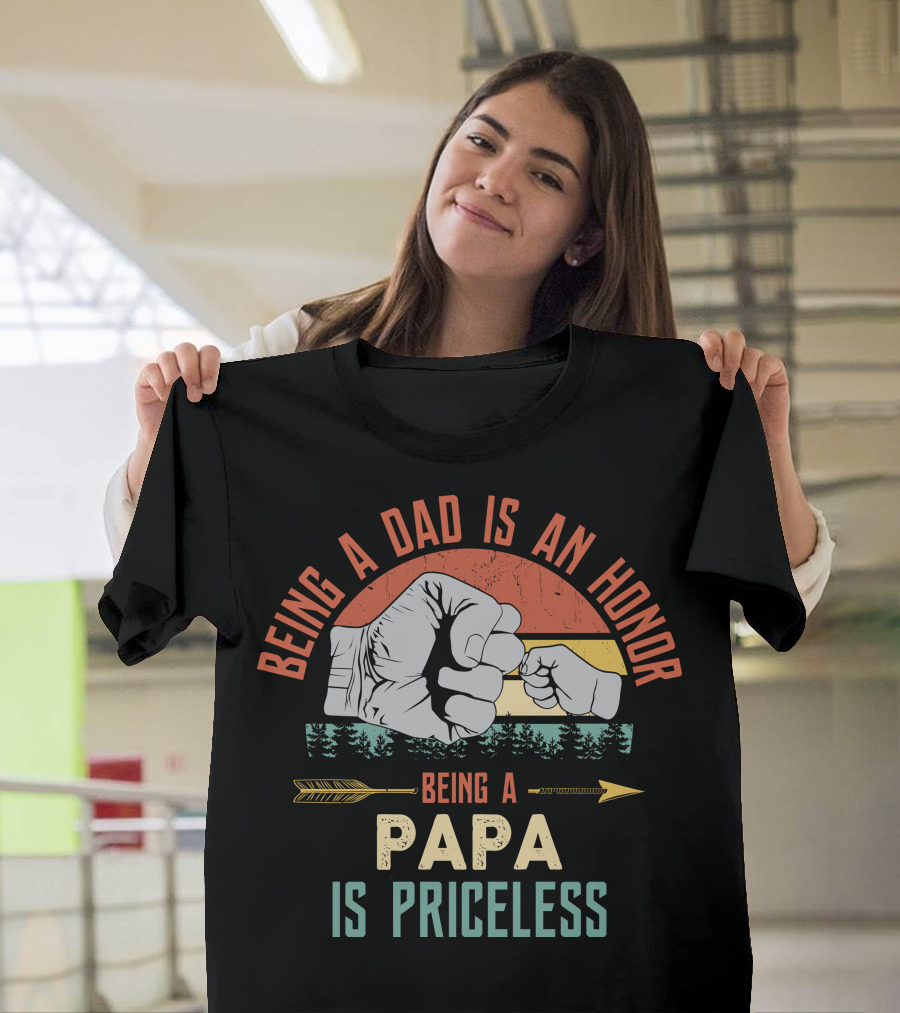 Being A Dad Is An Honor Being A Papa Is Priceless Fist Bump Forest Arrow Sunset Circle T-Shirt