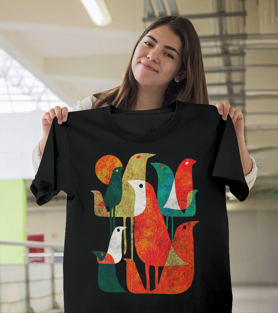 Stylized Colorful Birds Assembly Modern T-Shirt