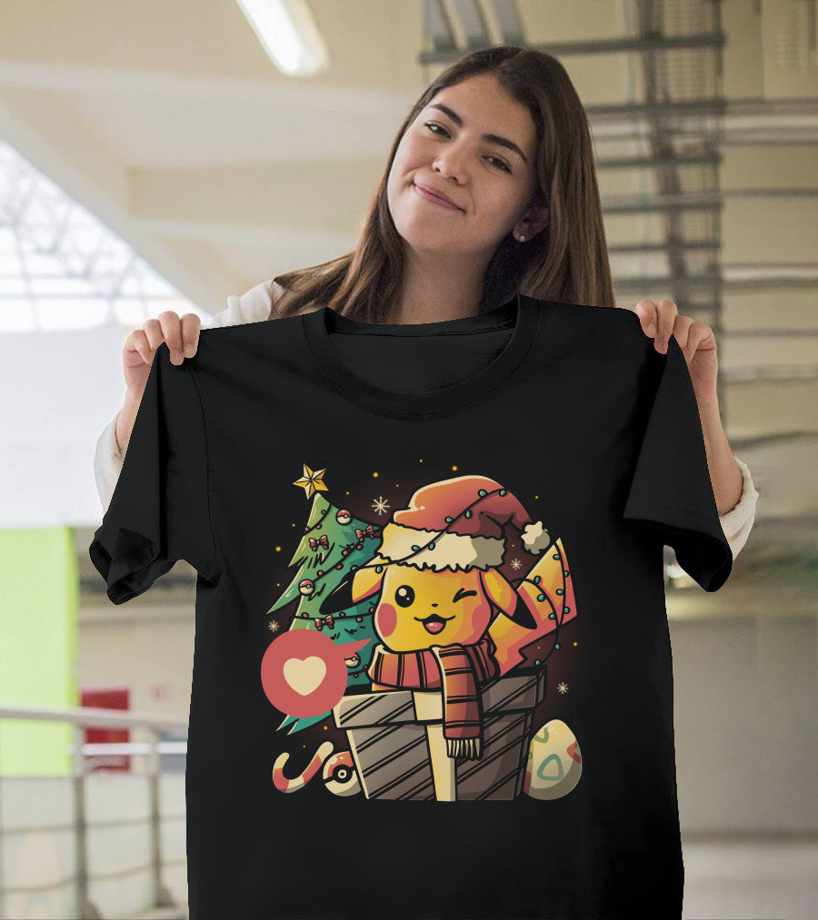 Pikachu Christmas Santa Hat Festive Holiday Gift Box Pokémon Inspired T-Shirt